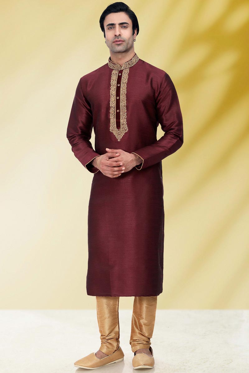 Beautiful Wine Color Wedding Wear Readymade Kurta Pyjama For Men In Art Silk Fabric