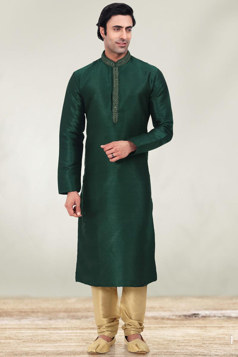 Teal Art Silk Graceful Readymade Men Kurta Pyjama For Festive Wear