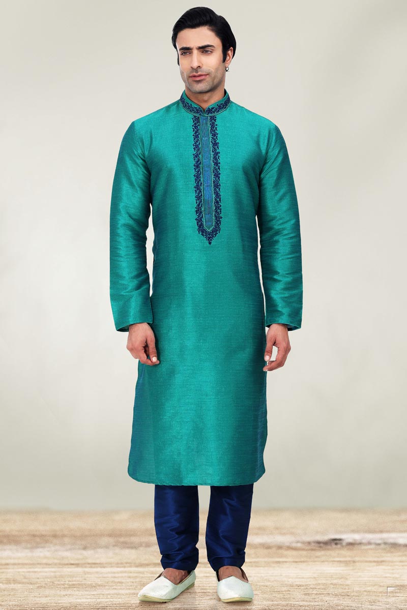 Cyan Color Sangeet Wear Art Silk Fabric Designer Readymade Kurta Pyjama For Men