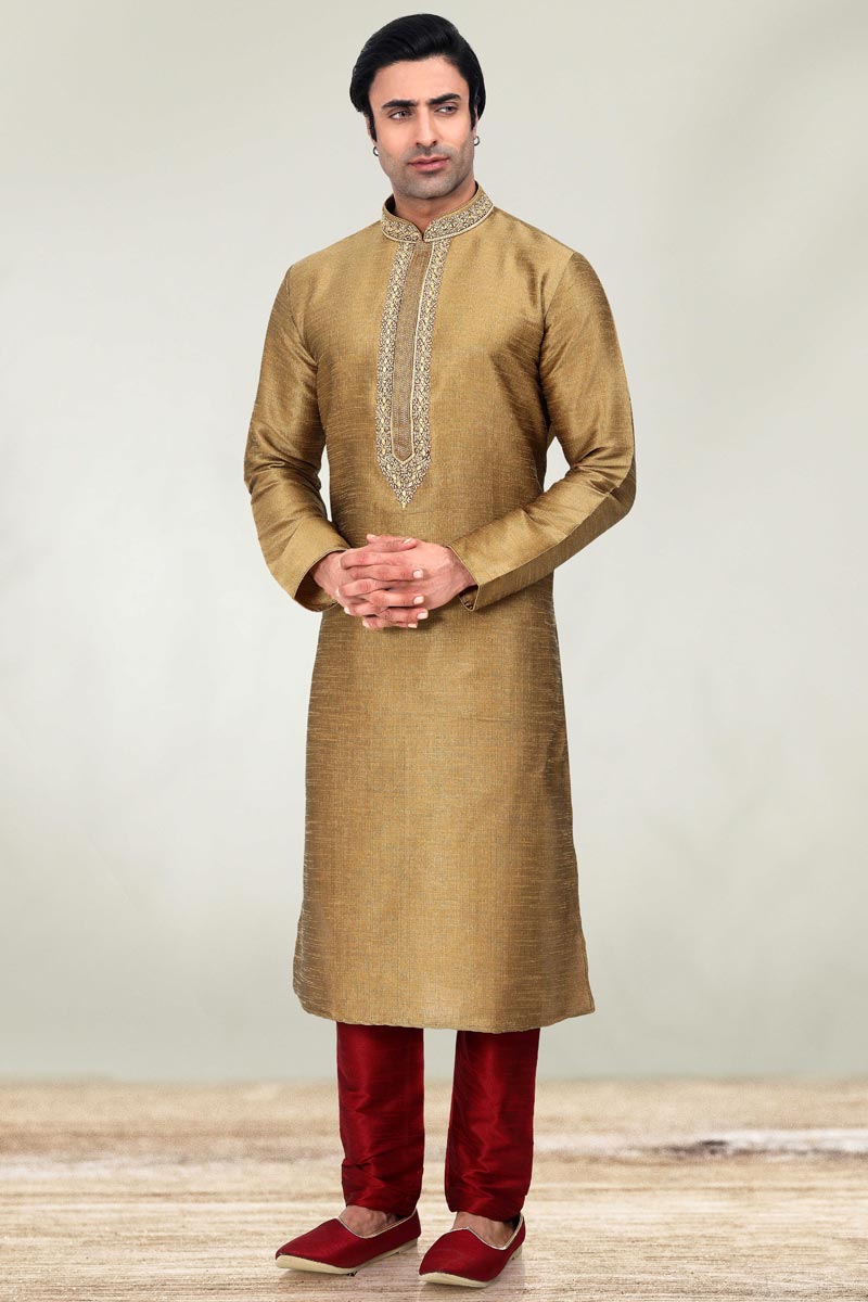 Brown Color Engaging Art Silk Fabric Festive Wear Kurta Pyjama For Men