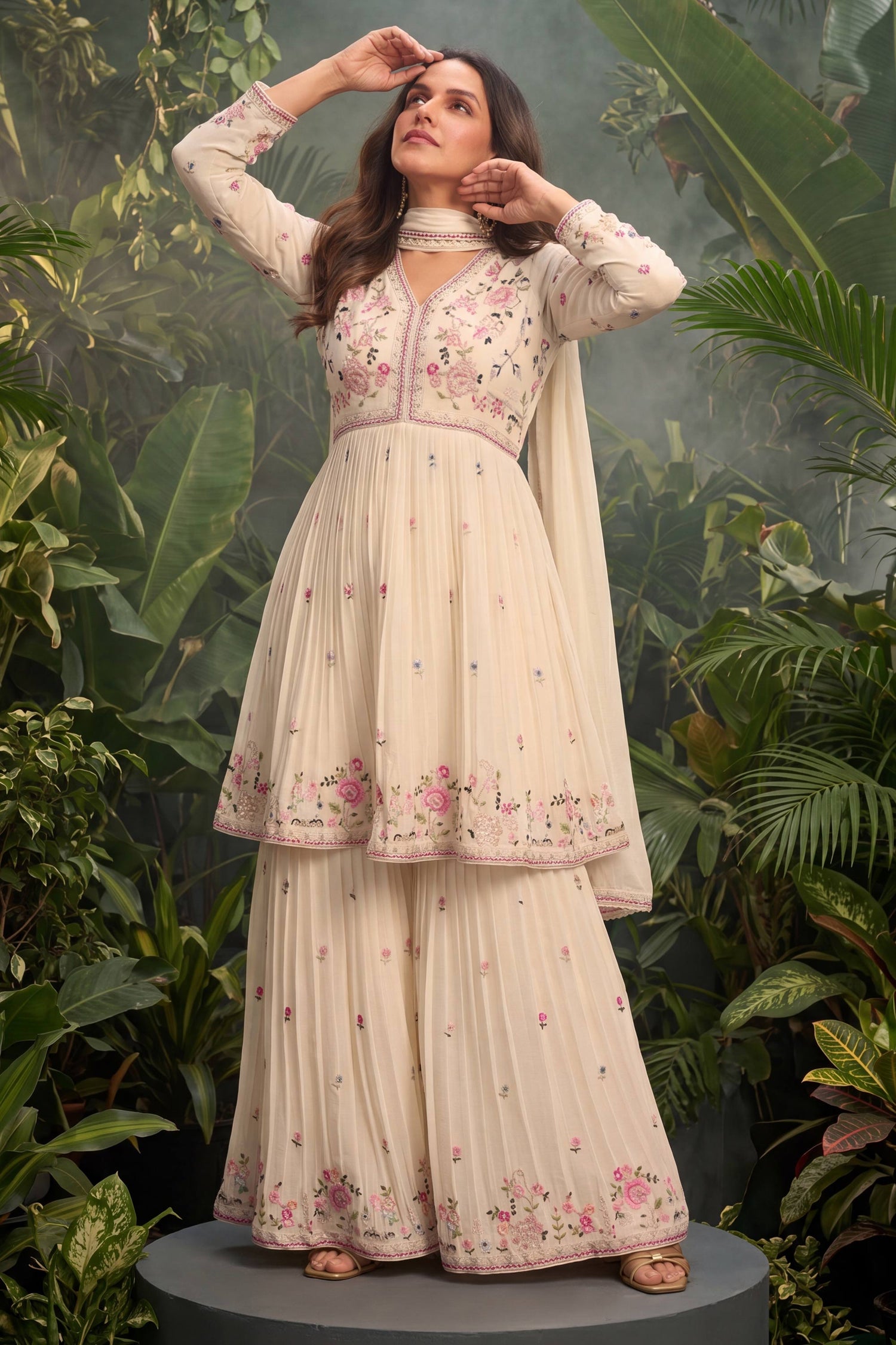 Embroidered Chinon Readymade Palazzo Suit For Womens