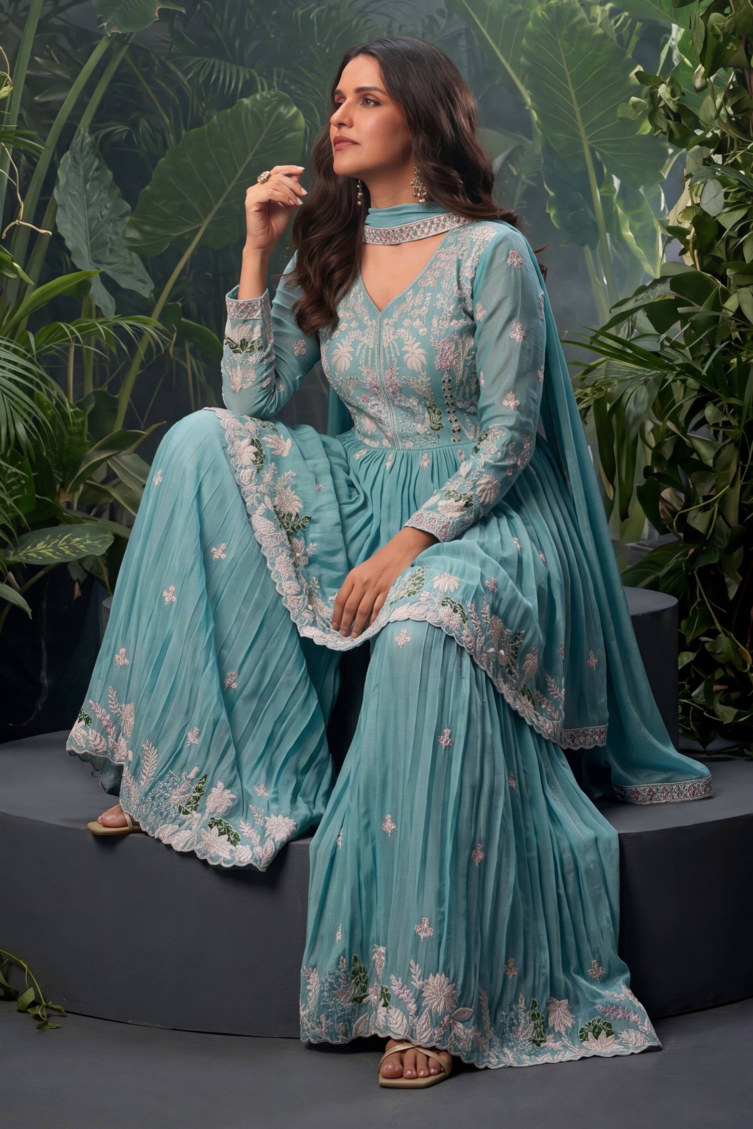 Cyan Synthetic Readymade Palazzo Salwar Suit