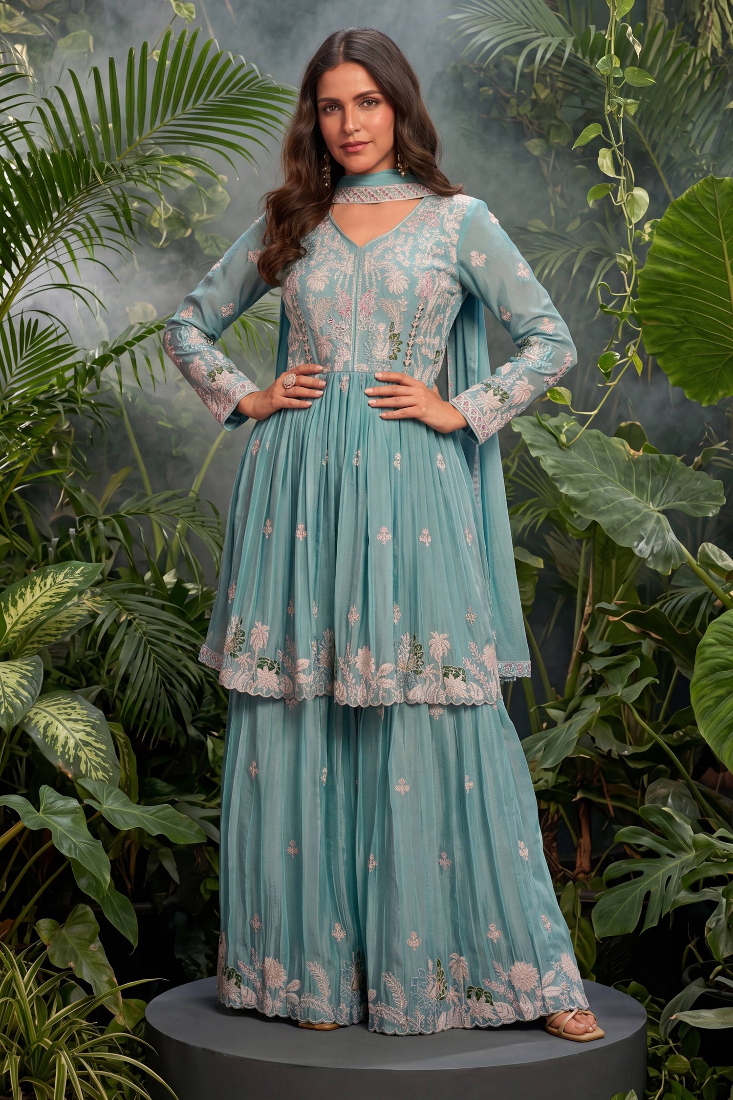 Cyan Synthetic Readymade Palazzo Salwar Suit