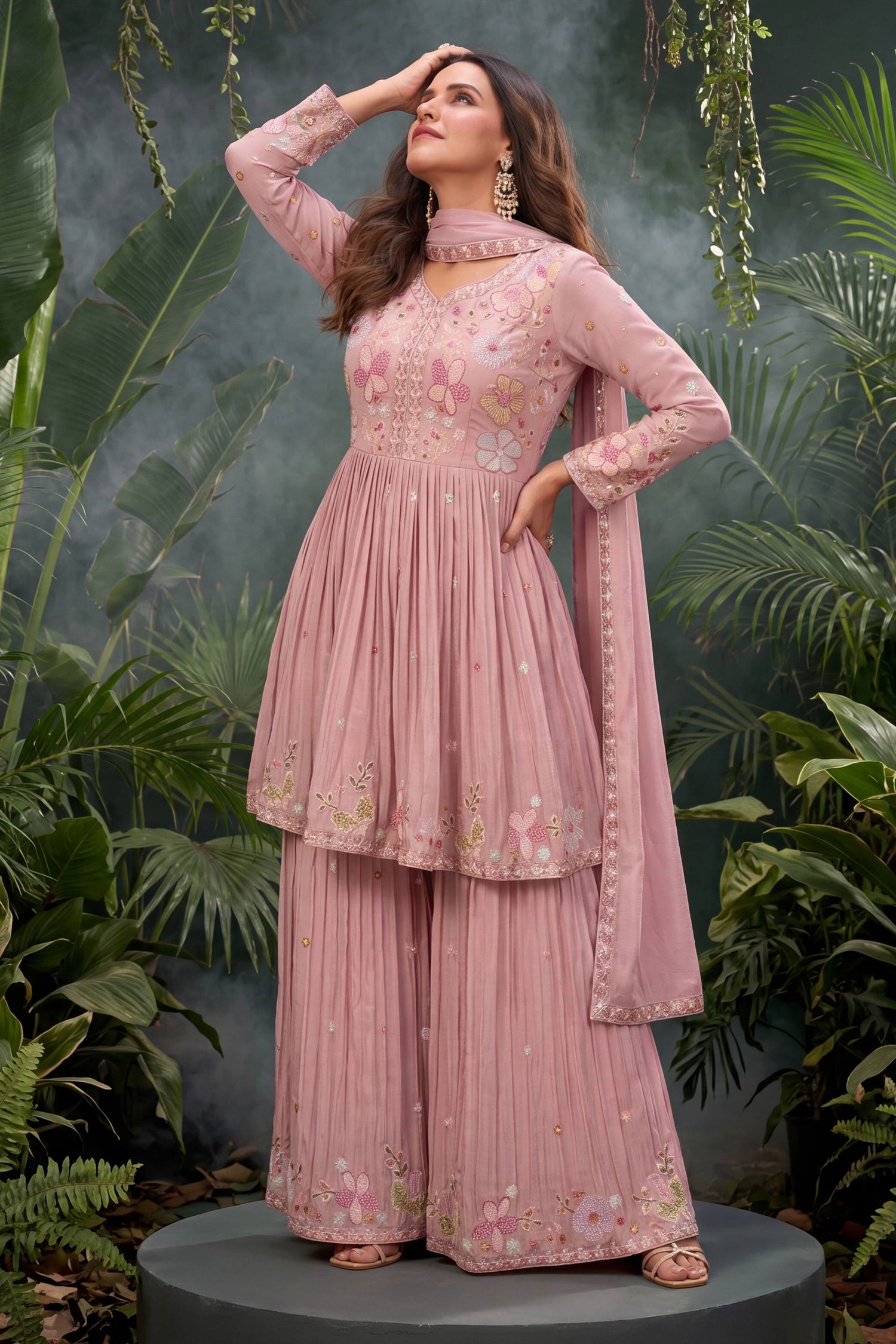 Embroidered Pink Readymade Palazzo Salwar Kameez