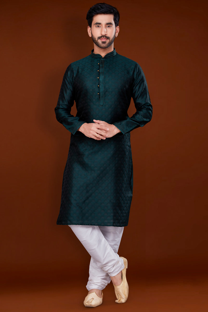 Jacquard Fabric Teal Color Excellent Kurta Pyjama For Men