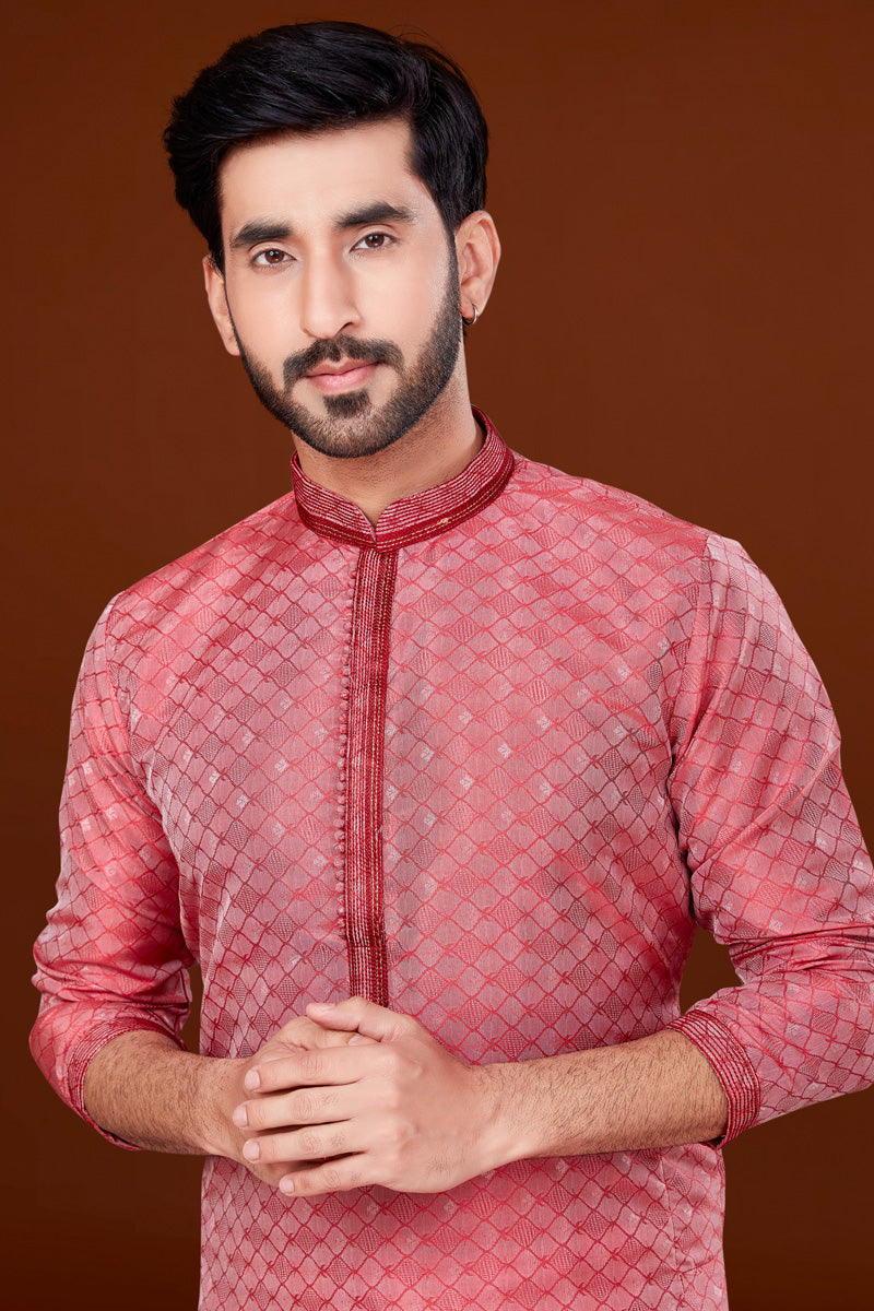Jacquard Fabric Pink Color Patterned Kurta Pyjama For Men