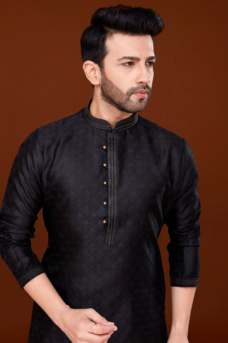 Black Color Jacquard Fabric Engaging Kurta Pyjama For Men