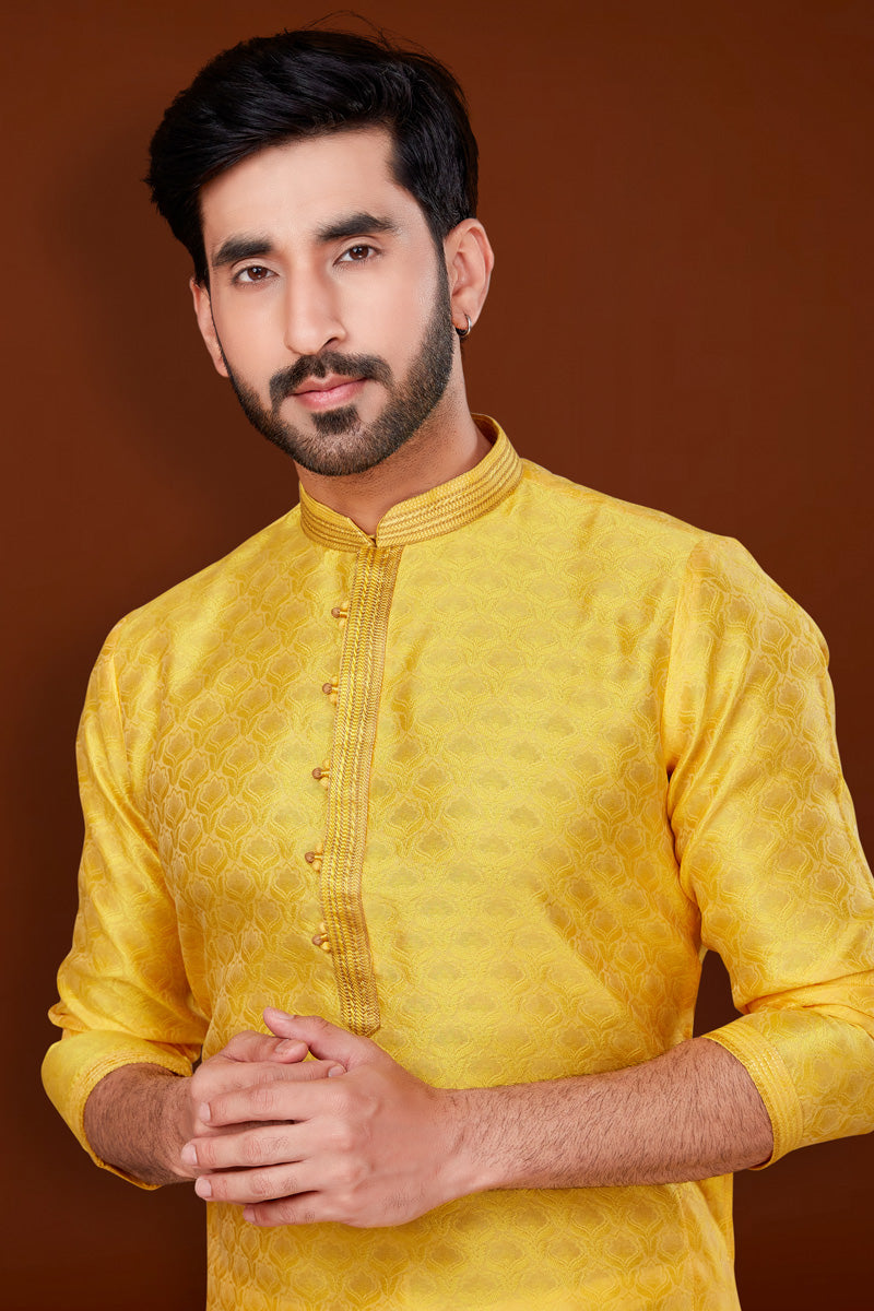 Yellow Color Trendy Kurta Pyjama For Men In Jacquard Fabric