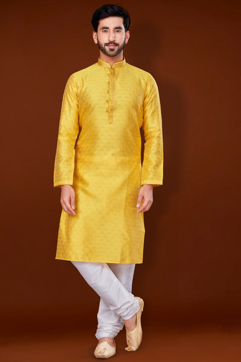 Yellow Color Trendy Kurta Pyjama For Men In Jacquard Fabric