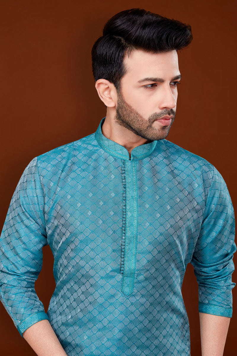 Excellent Jacquard Fabric Cyan Color Kurta Pyjama For Men
