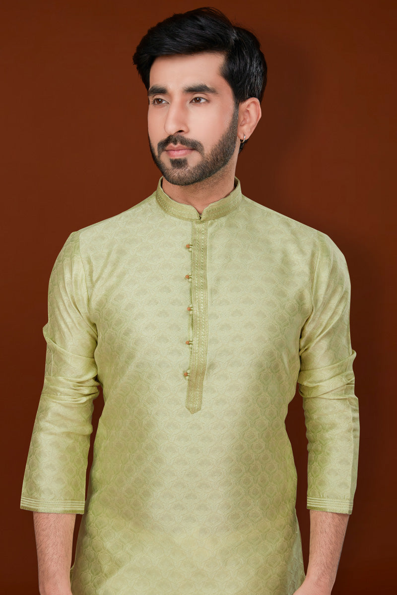 Incredible Jacquard Fabric Green Color Kurta Pyjama For Men