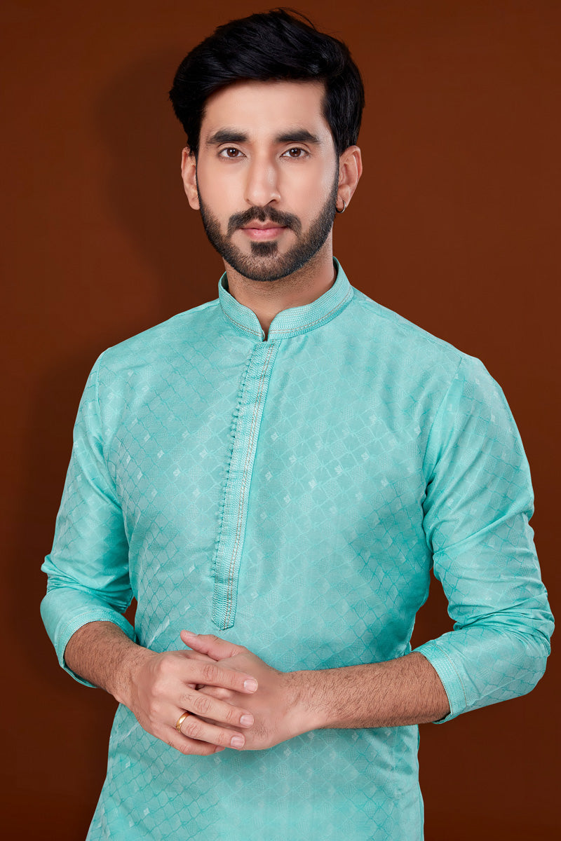 Jacquard Fabric Sky Blue Color Royal Kurta Pyjama For Men