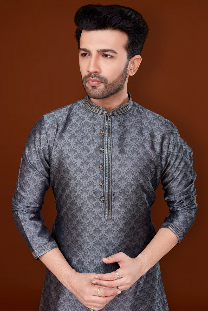 Engaging Grey Color Jacquard Fabric Kurta Pyjama For Men