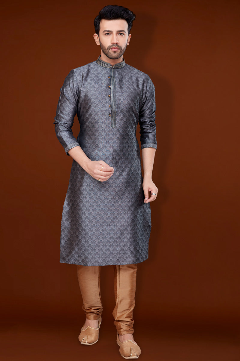 Engaging Grey Color Jacquard Fabric Kurta Pyjama For Men
