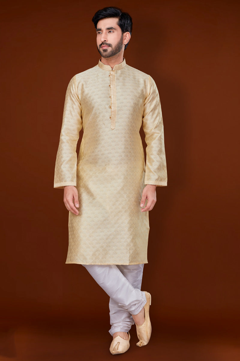 Cream Color Jacquard Fabric Special Kurta Pyjama For Men