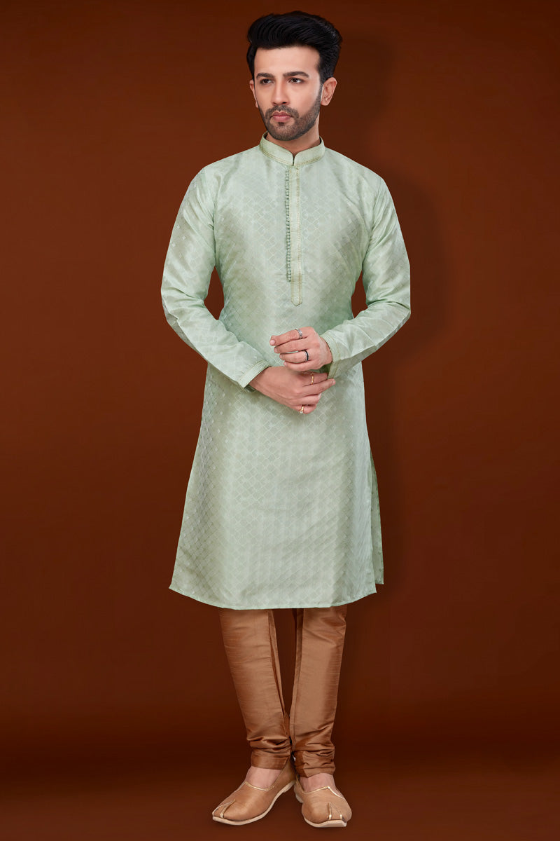 Jacquard Fabric Bewitching Kurta Pyjama For Men In Sea Green Color