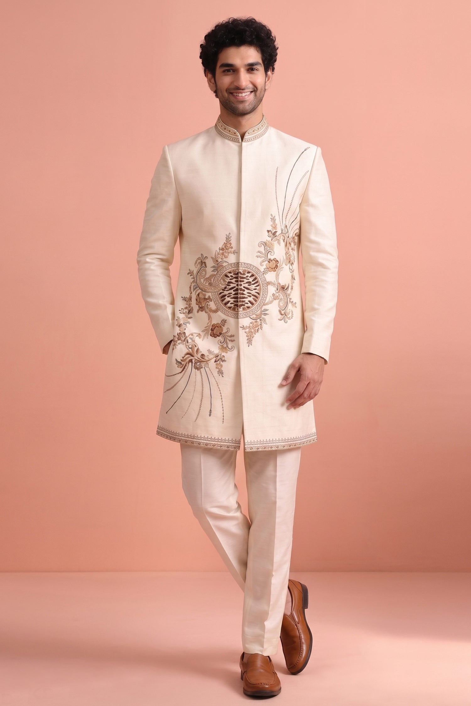 Off White Wedding Function Readymade Men Stylish Indo Western Suit