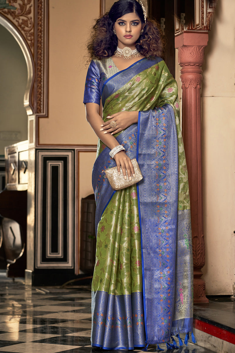 Green Color Organza Fabric Festive Style Appealing Saree