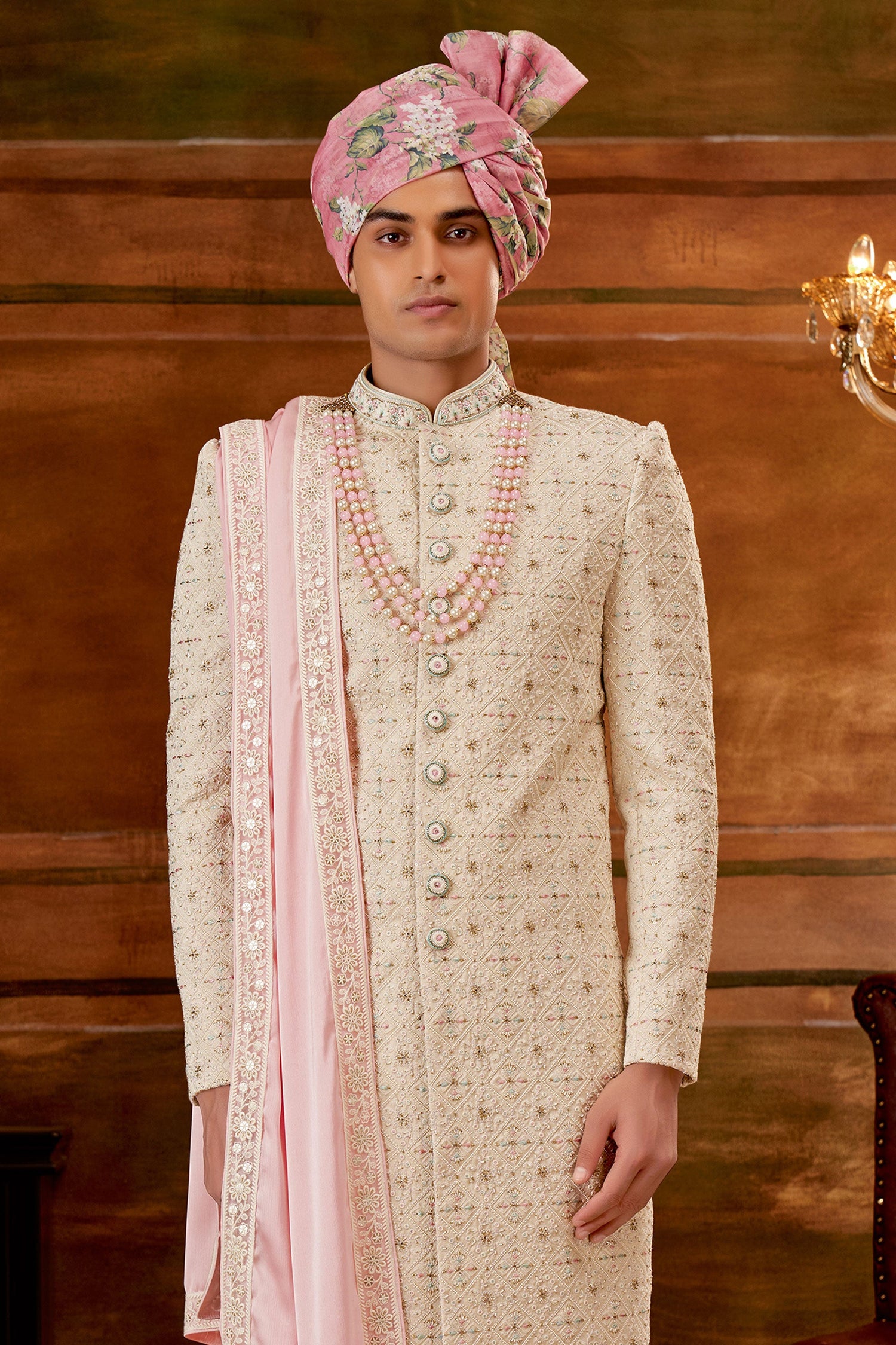 Remarkable Cream Art Silk Fabric Hand Work Shrewani