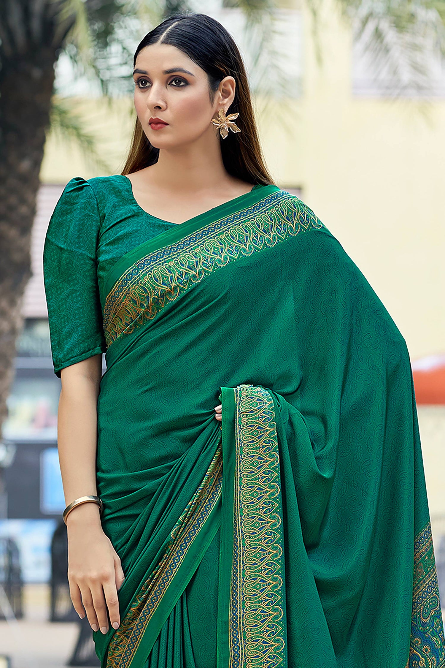 Green Crepe Silk Printed Saree