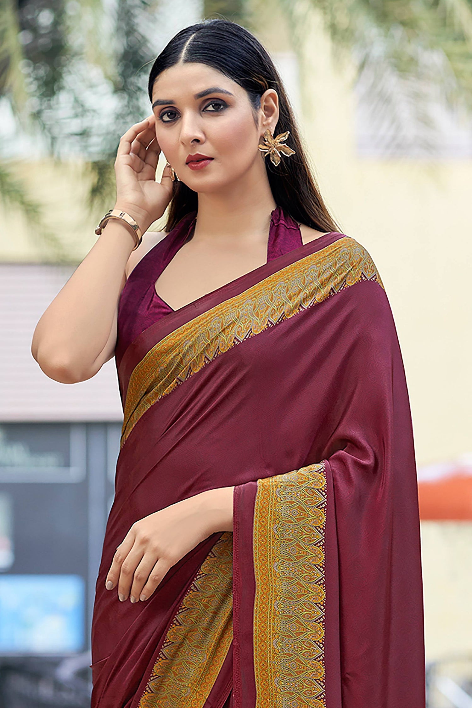 Crepe Silk Designer Wine Saree For Office Wear