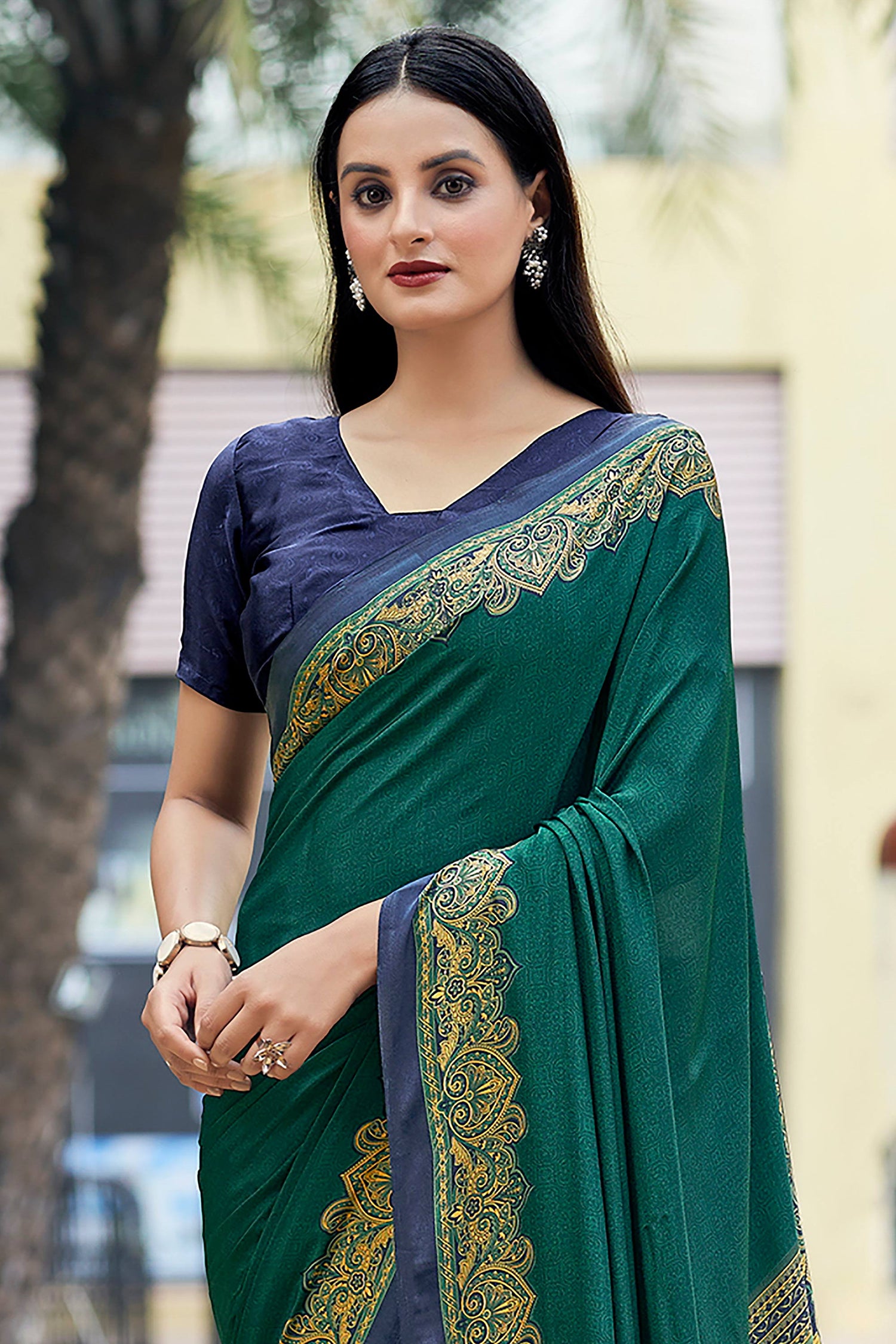 Crepe Silk Traditional Printed Teal Saree