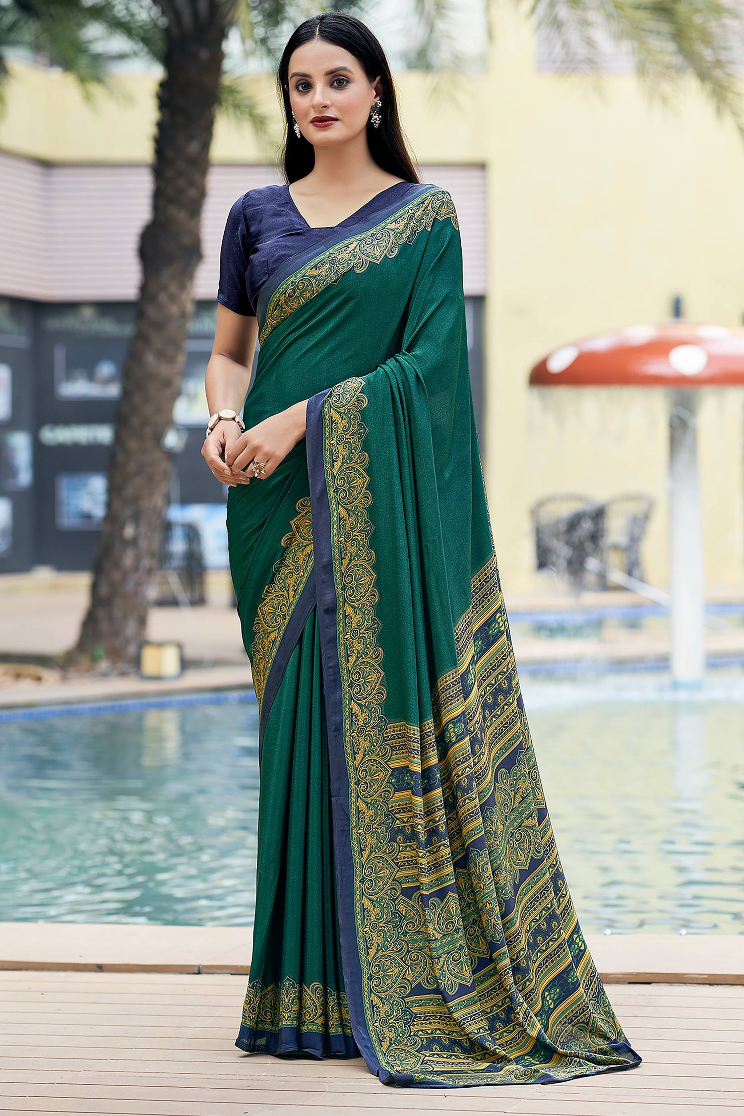 Crepe Silk Traditional Printed Teal Saree
