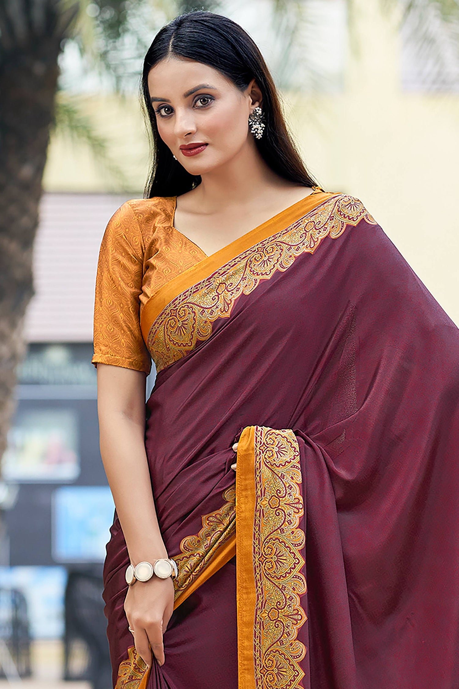 Wine Crepe Silk Printed Saree For Office Wear