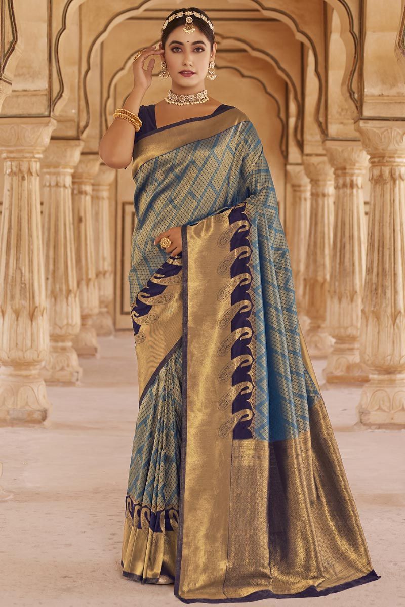 Blue Soft Silk Woven Zari Kanchipuram Saree