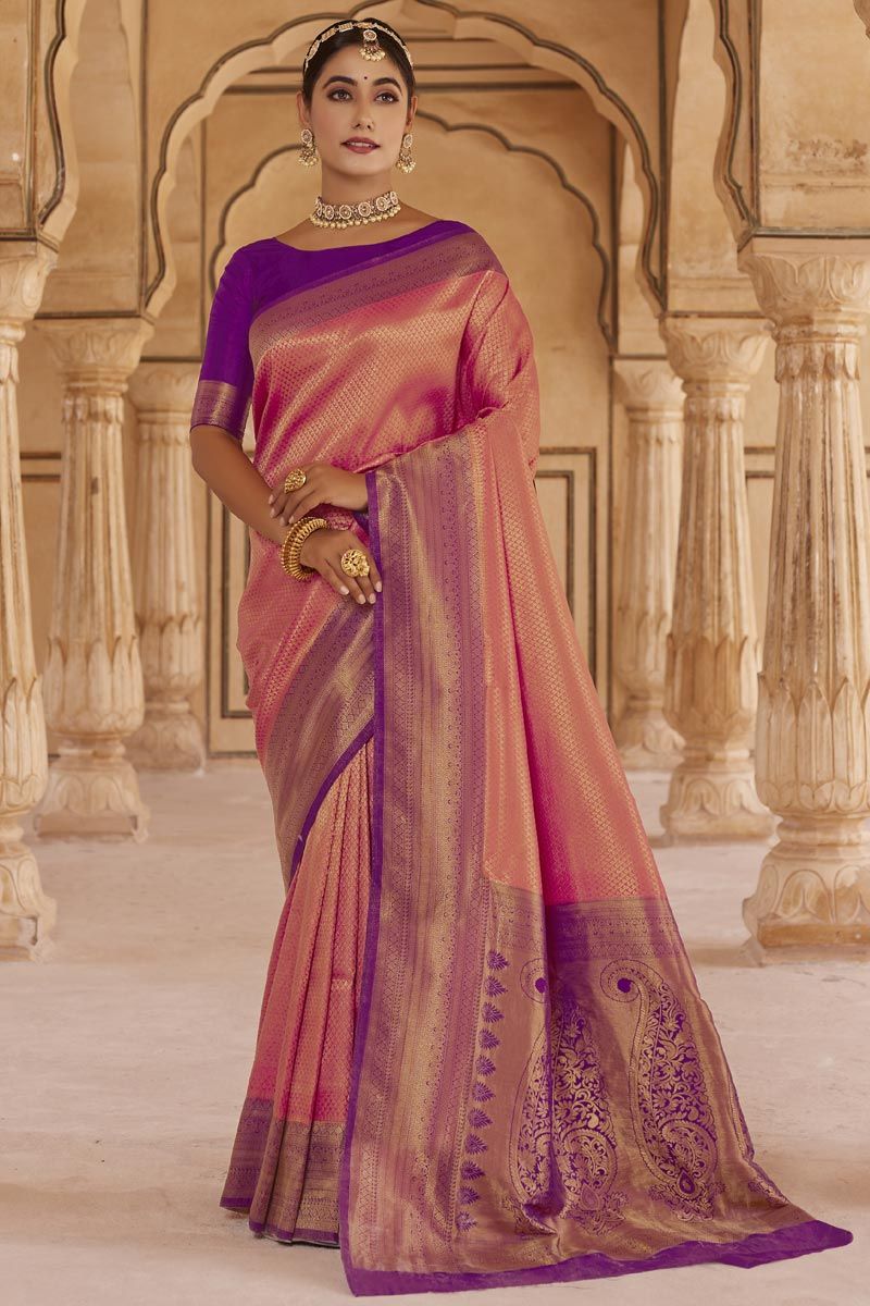 Peach Soft Silk Kanchipuram Saree