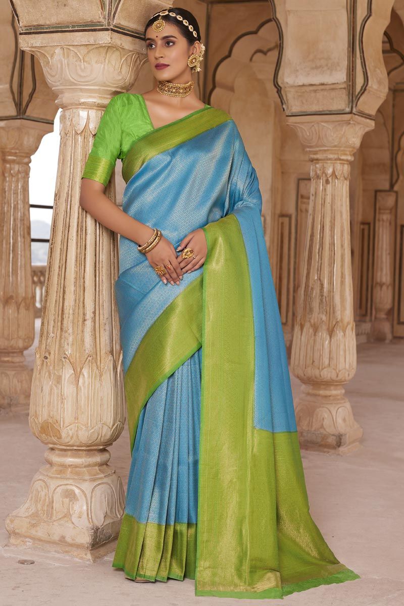 Kanchipuram Soft Silk Cyan Color Saree