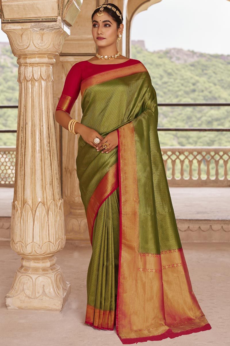 Kanchipuram Silk Olive Green Saree