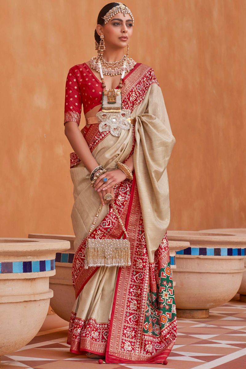 Patola Printed Art Silk Festive Saree In Beige Color