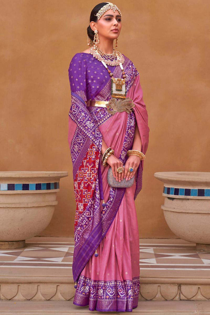 Patola Printed Art Silk Festive Saree In Pink