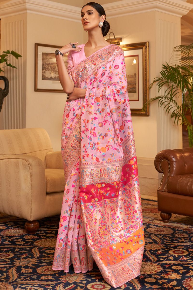 Pink Handloom Silk Contemporary Style Saree