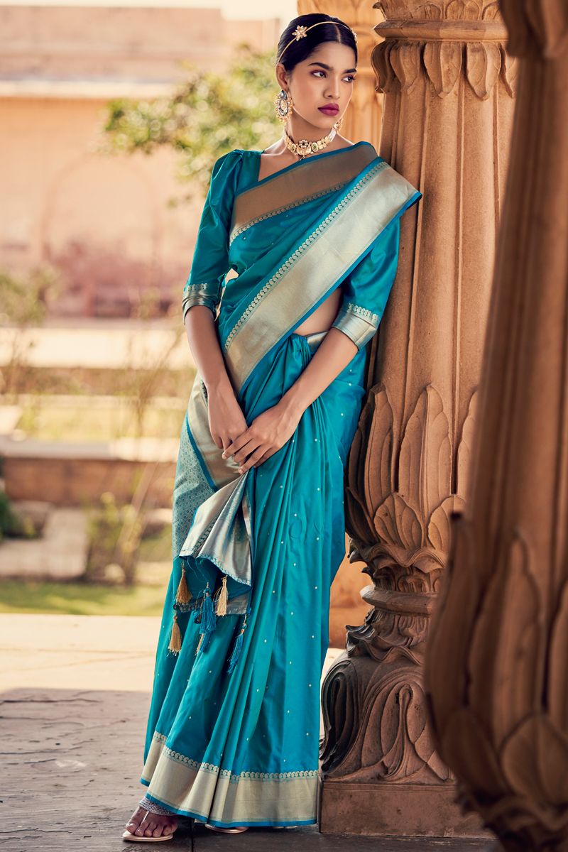 Cyan Color Weaving Work Banarasi Silk Saree