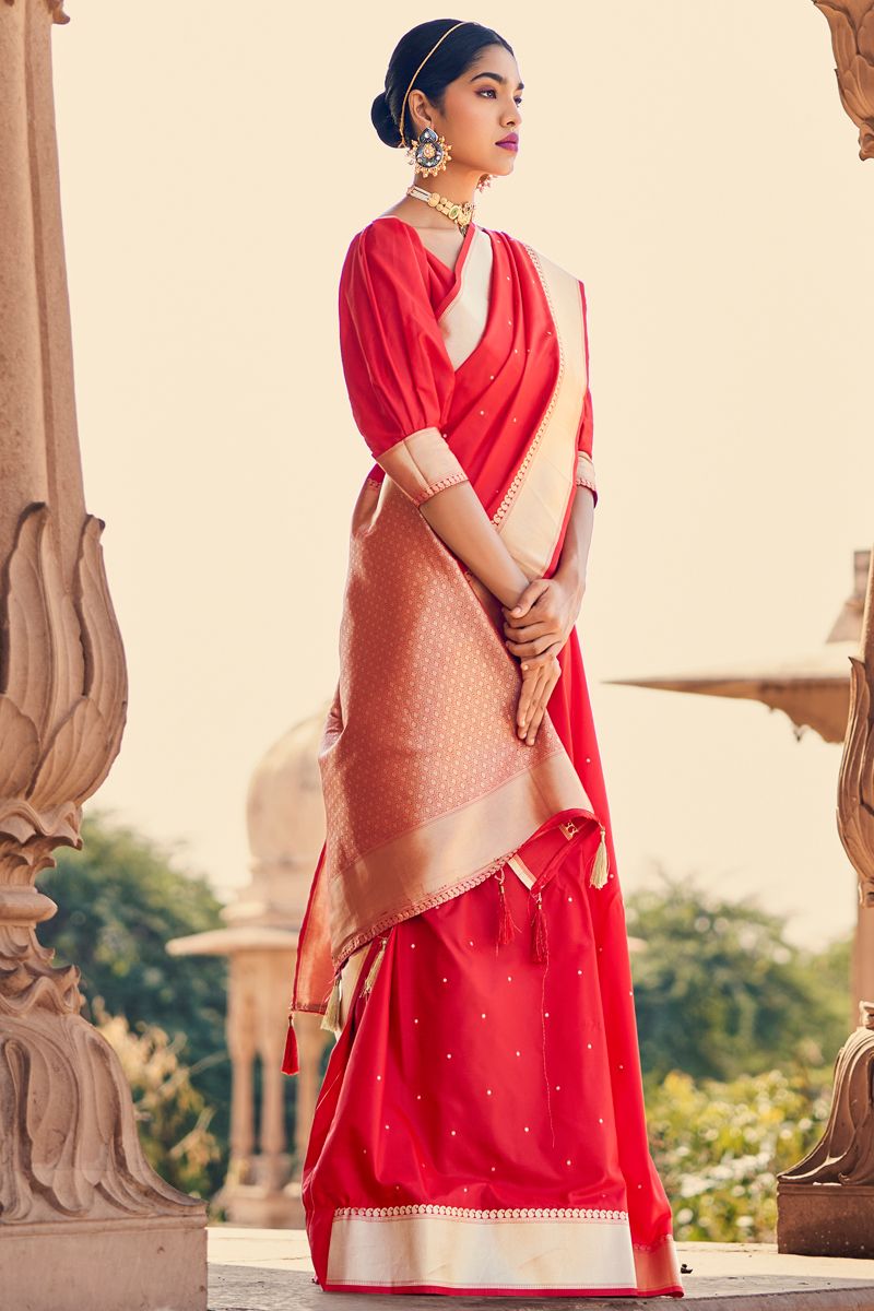 Red Color Beatific Weaving Work Banarasi Silk Saree