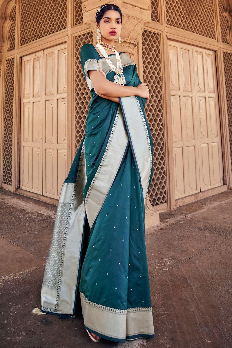 Teal Color Weaving Work Beguiling Banarasi Silk Saree