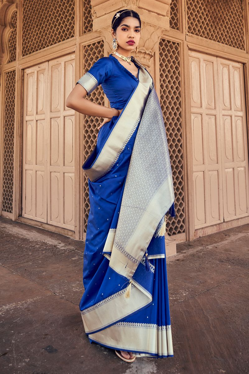 Blue Color Weaving Designs Banarasi Silk Saree