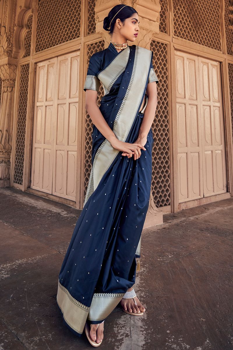 Navy Blue Color Winsome Weaving Work Banarasi Silk Saree