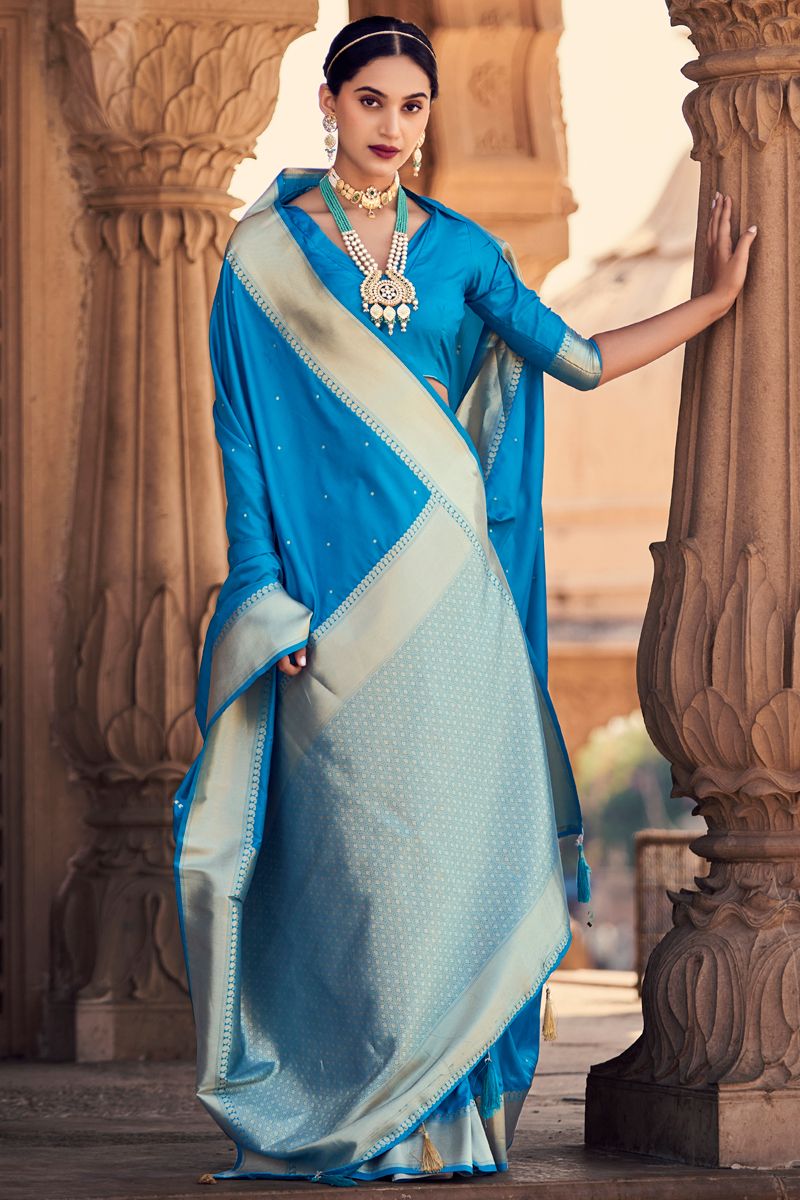 Weaving Work Banarasi Silk Saree In Sky Blue Color