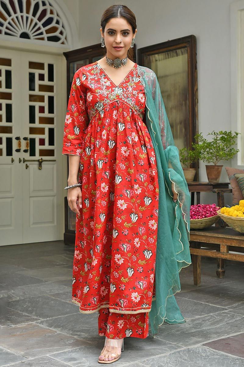 Delicate Red Color Cotton Printed Palazzo Suit