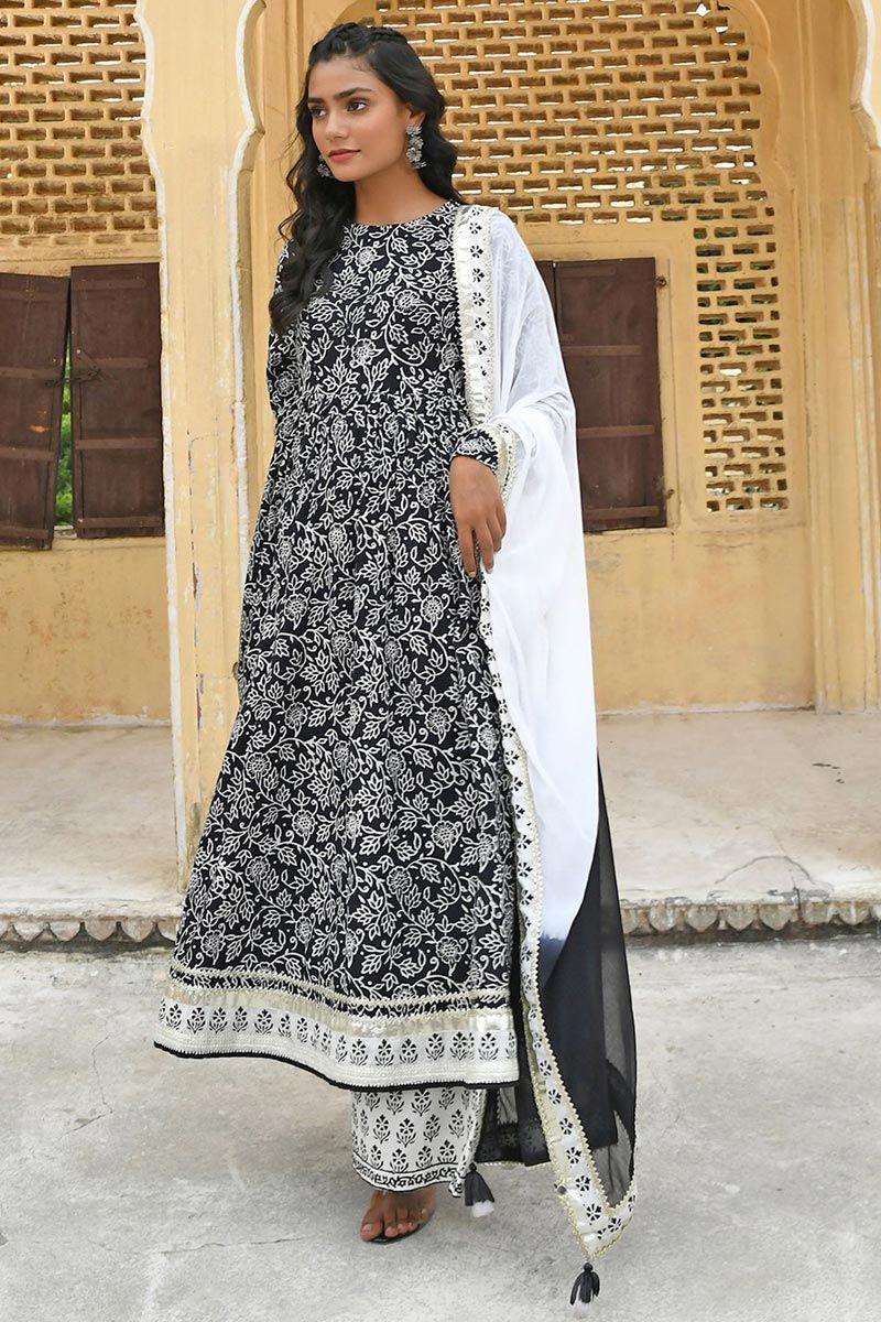 Black Color Cotton Printed Palazzo Suit