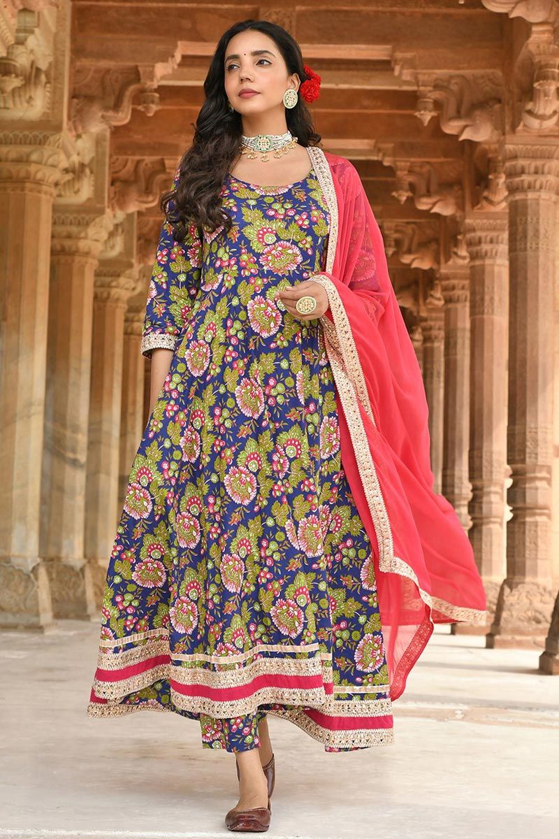 Blue Color Glamorous Cotton Printed Anarkali Suit