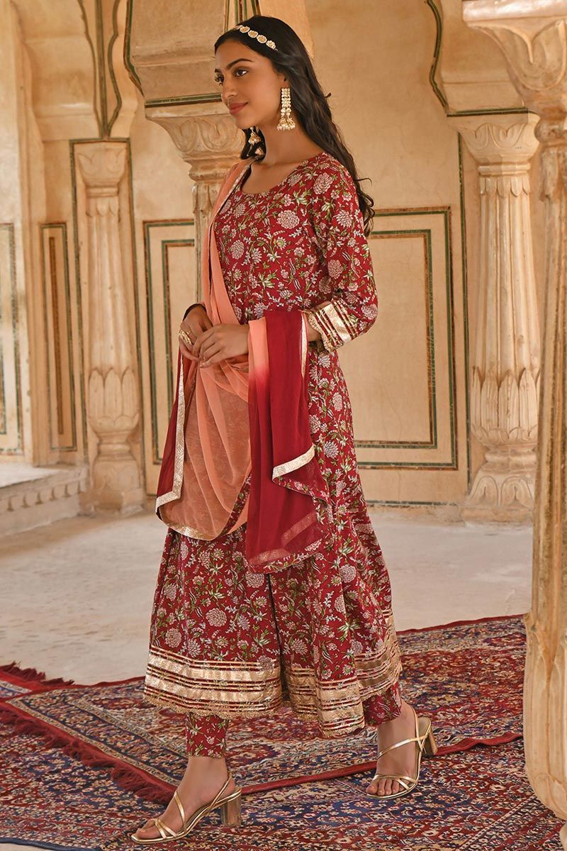 Maroon Color Brilliant Cotton Printed Anarkali Suit