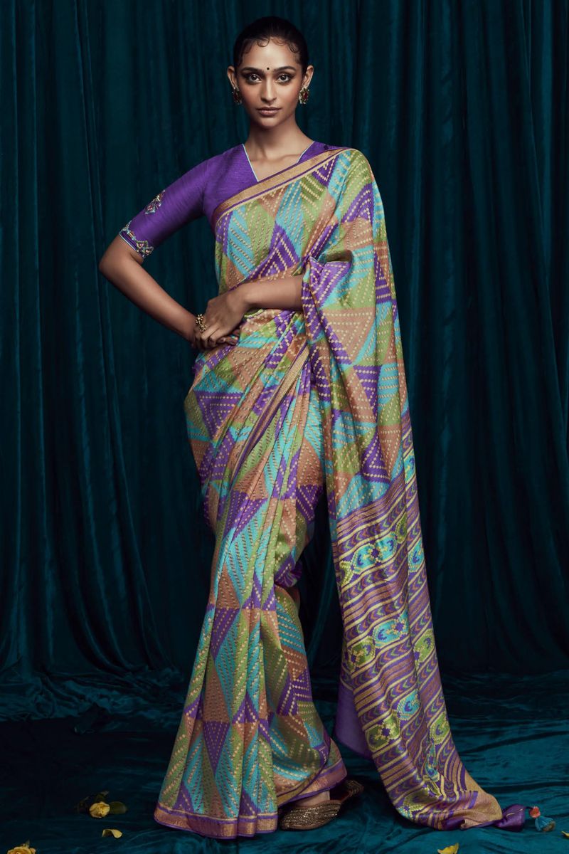 Function Wear Brasso Silk Multi Color Printed Saree With Embroidered Blouse