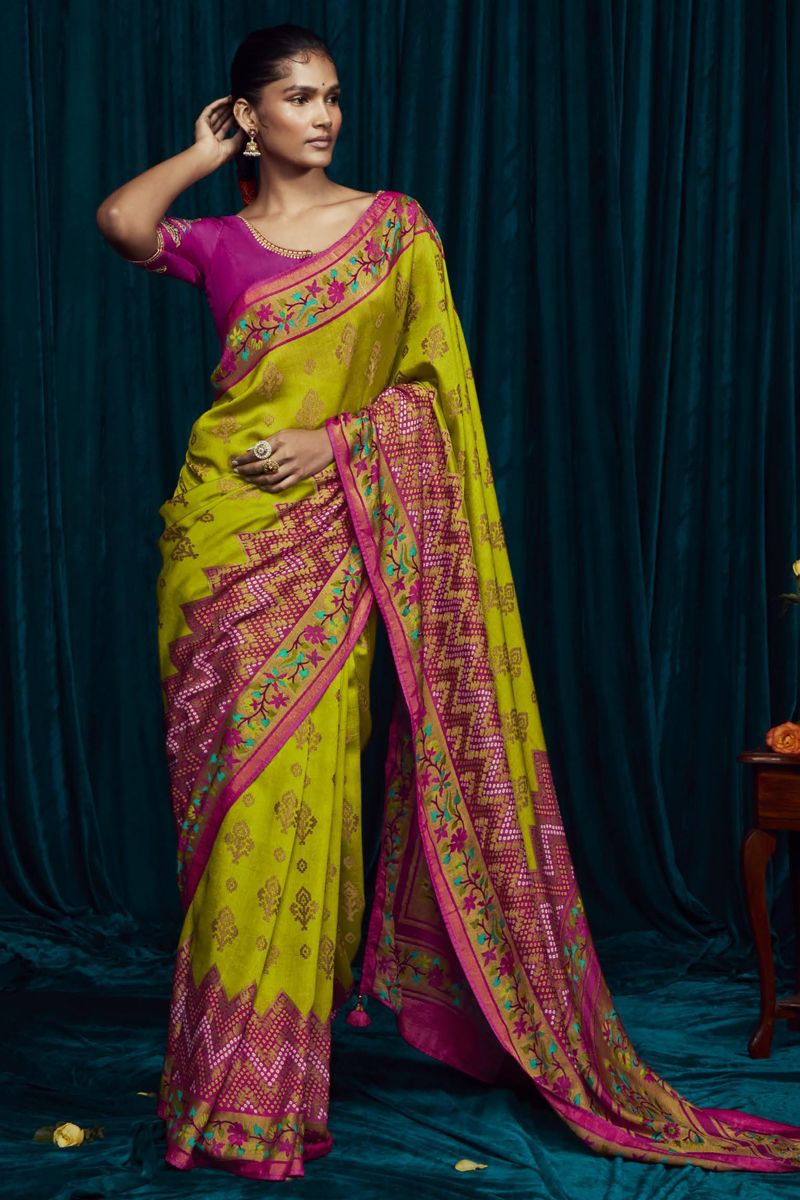 Festive Wear Green Color Printed Saree In Brasso Silk Fabric