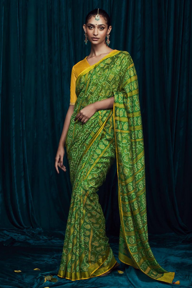 Brasso Silk Party Wear Printed Green Color Saree With Embroidered Blouse