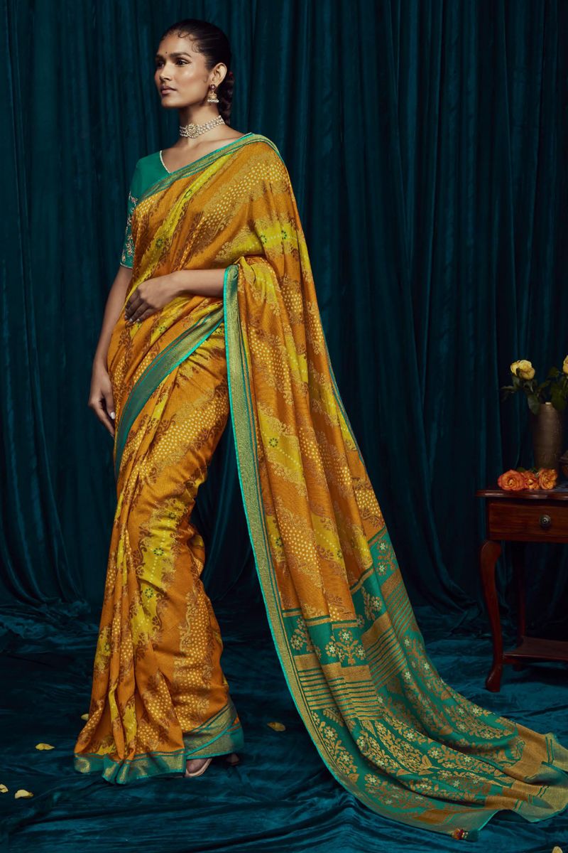 Orange Color Function Wear Brasso Silk Printed Saree With Embroidered Blouse