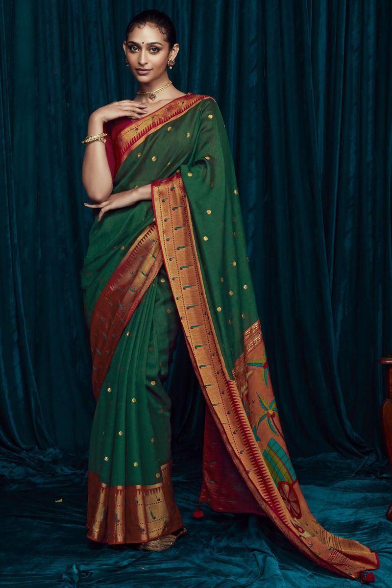 Festive Wear Green Color Brasso Silk Printed Saree With Embroidered Blouse